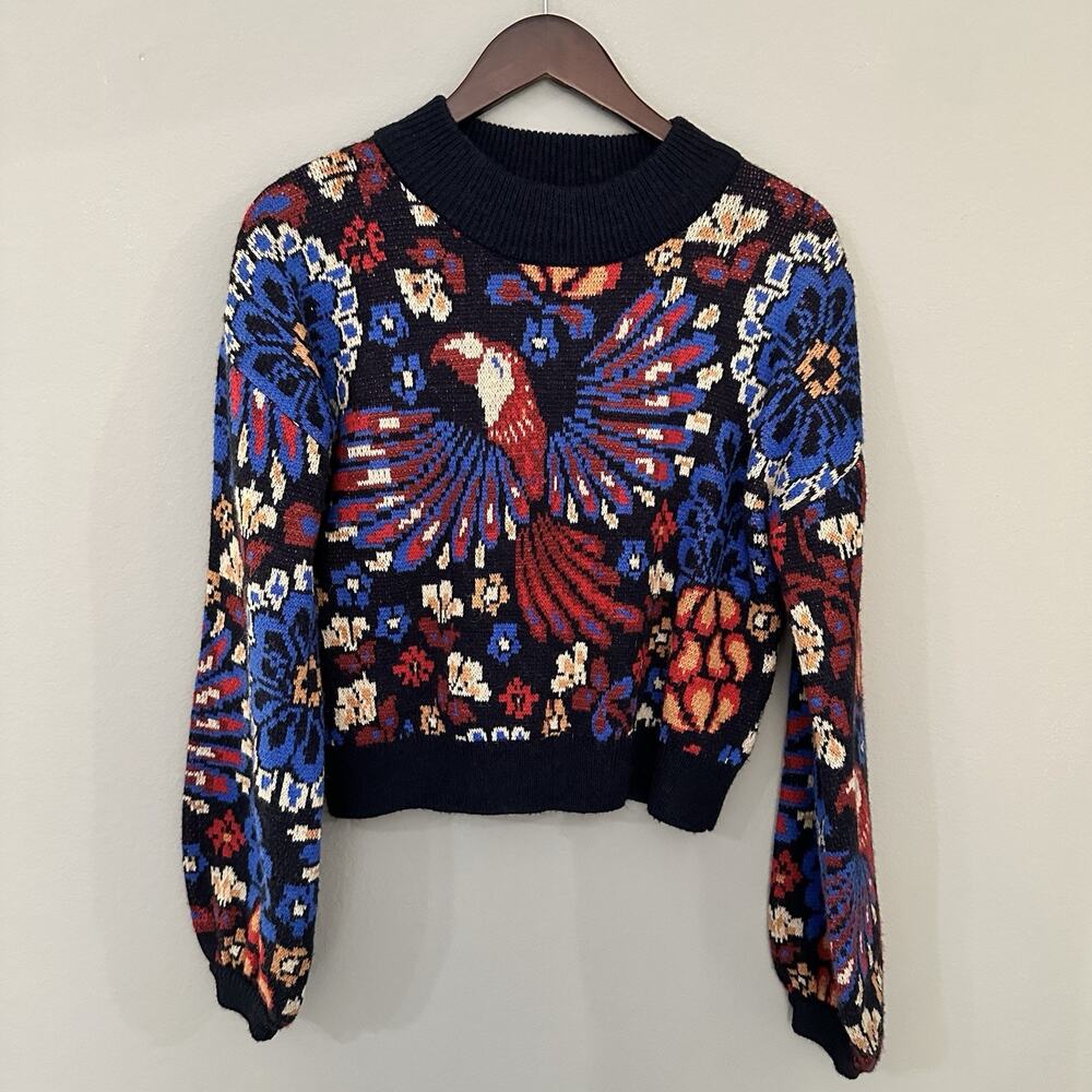 FARM Rio Navy Multicolor Parrot & Floral Crewneck Sweater